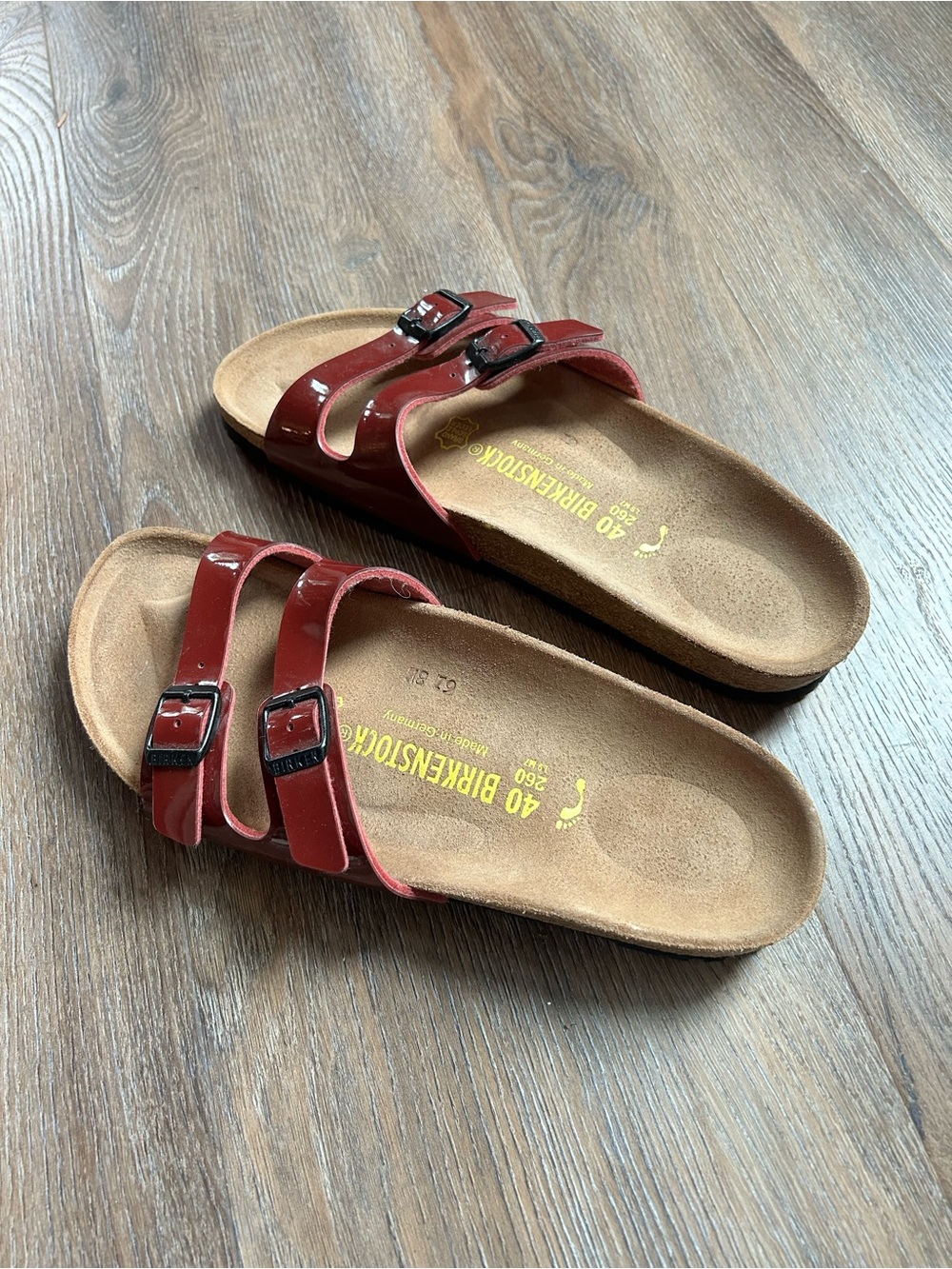 Birkenstock women’s Red Patent Two-Strap Slide Sandals NWOT
